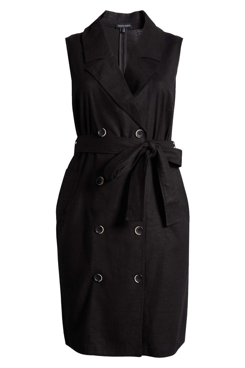 Tie Belt Sleeveless Double Breasted Yarn Dyed Jersey Trench Cocktail Dress, Alternate, color, BLACK