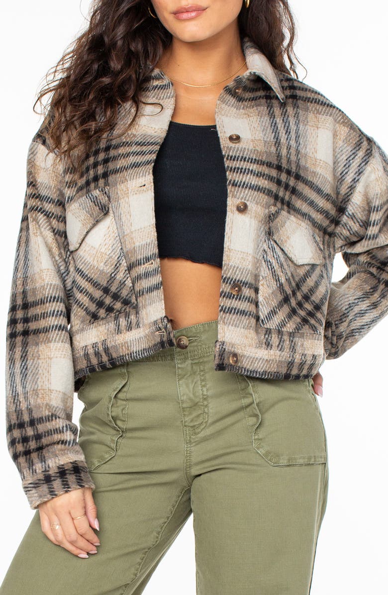 Roxy Township Plaid Crop Shirt Jacket, Main, color, Warm Taupe