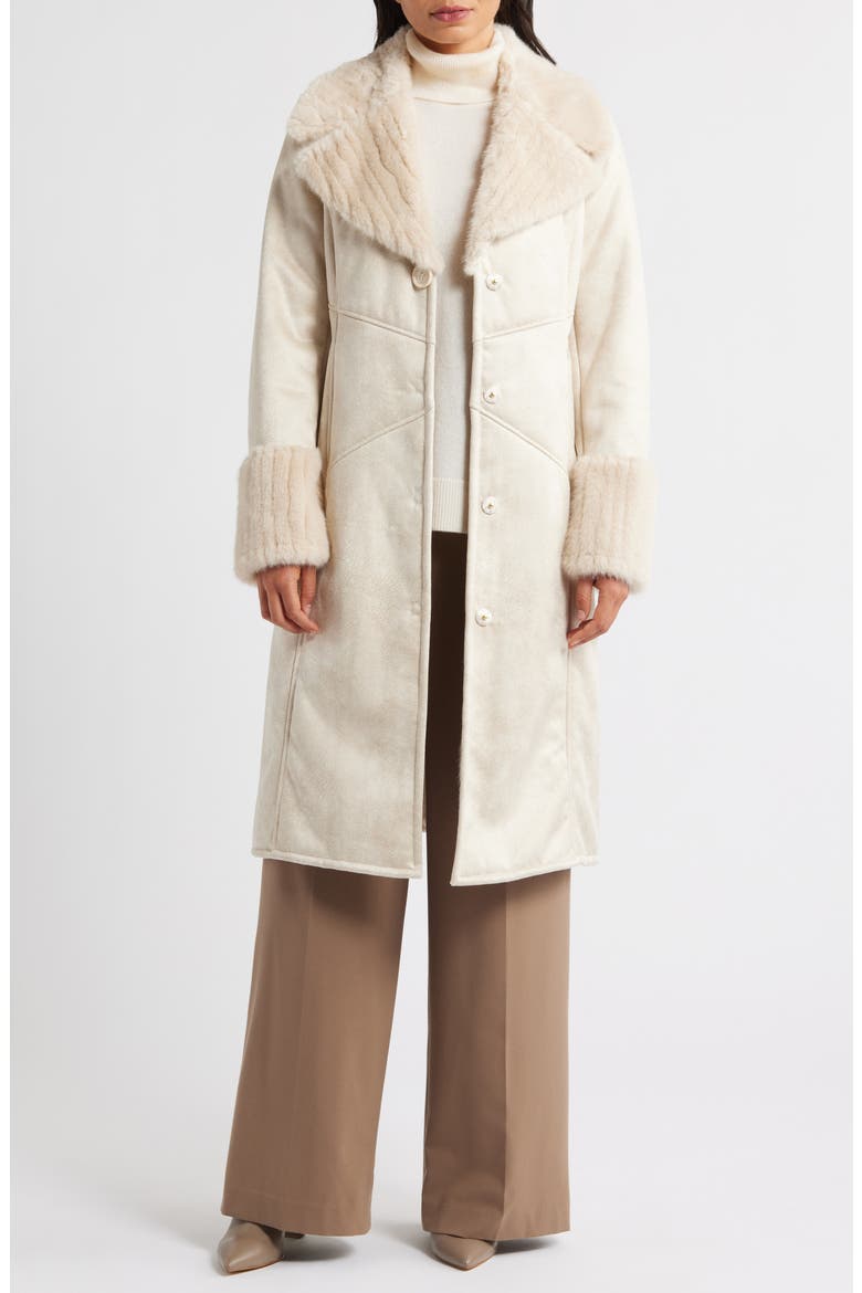 Faux Fur Trim Longline Coat, Alternate, color, BEIGE