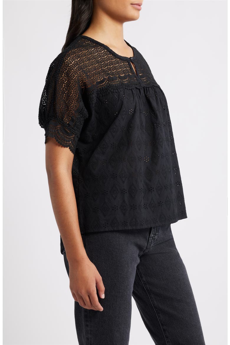 Lace Yoke Cotton Top, Alternate, color, BLACK