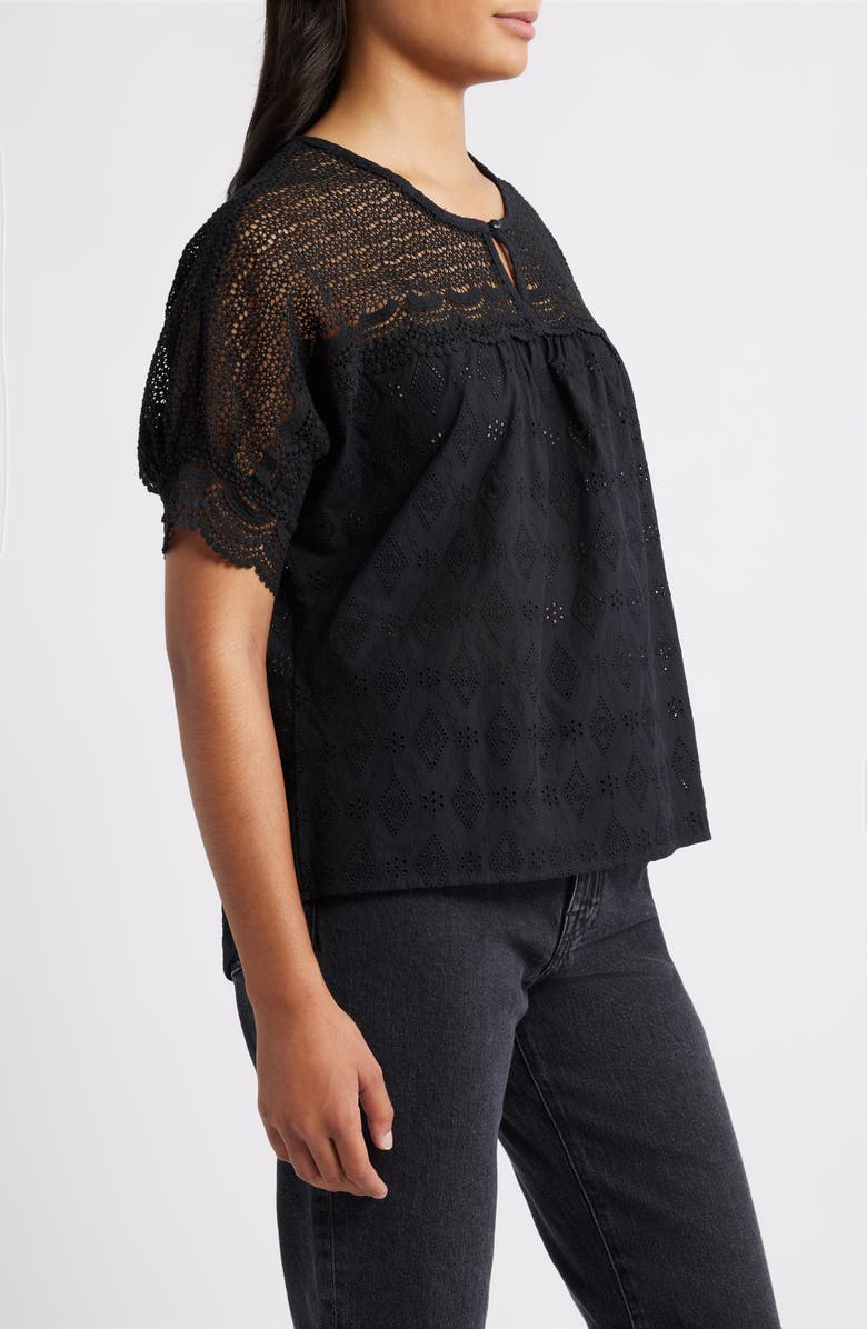 Bobeau Lace Yoke Cotton Top, Alternate, color, Black