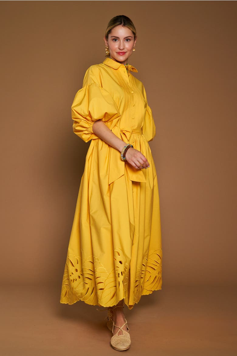Poplin Dress With Big Leave Embroidery, Alternate, color, Yellow