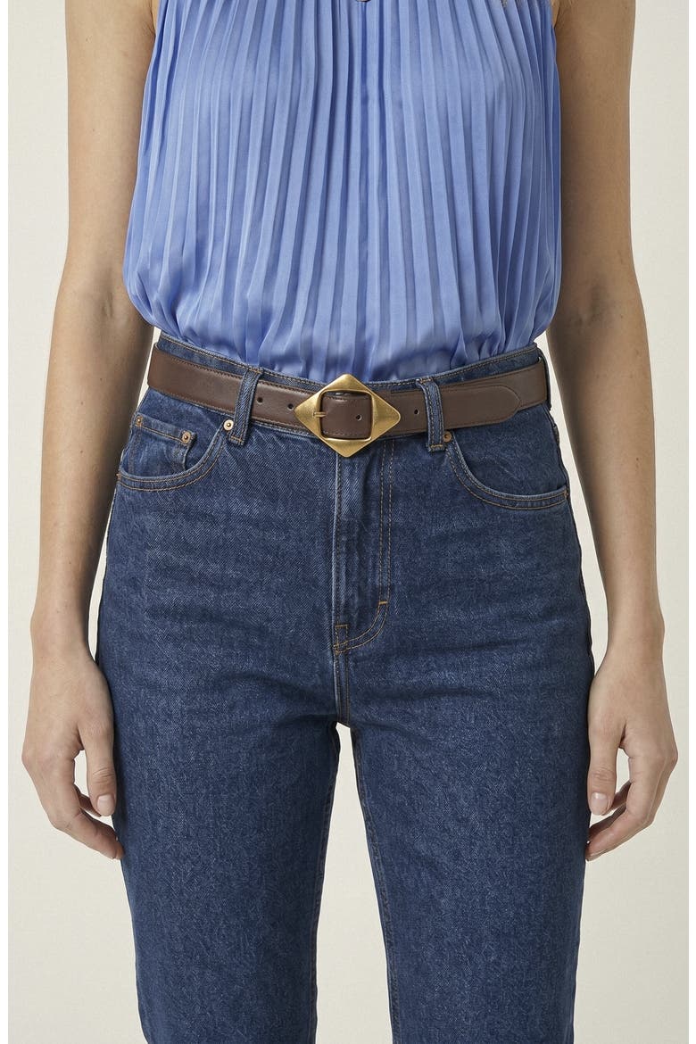 Leather Belt with Geometric Buckle, Alternate, color, Brown