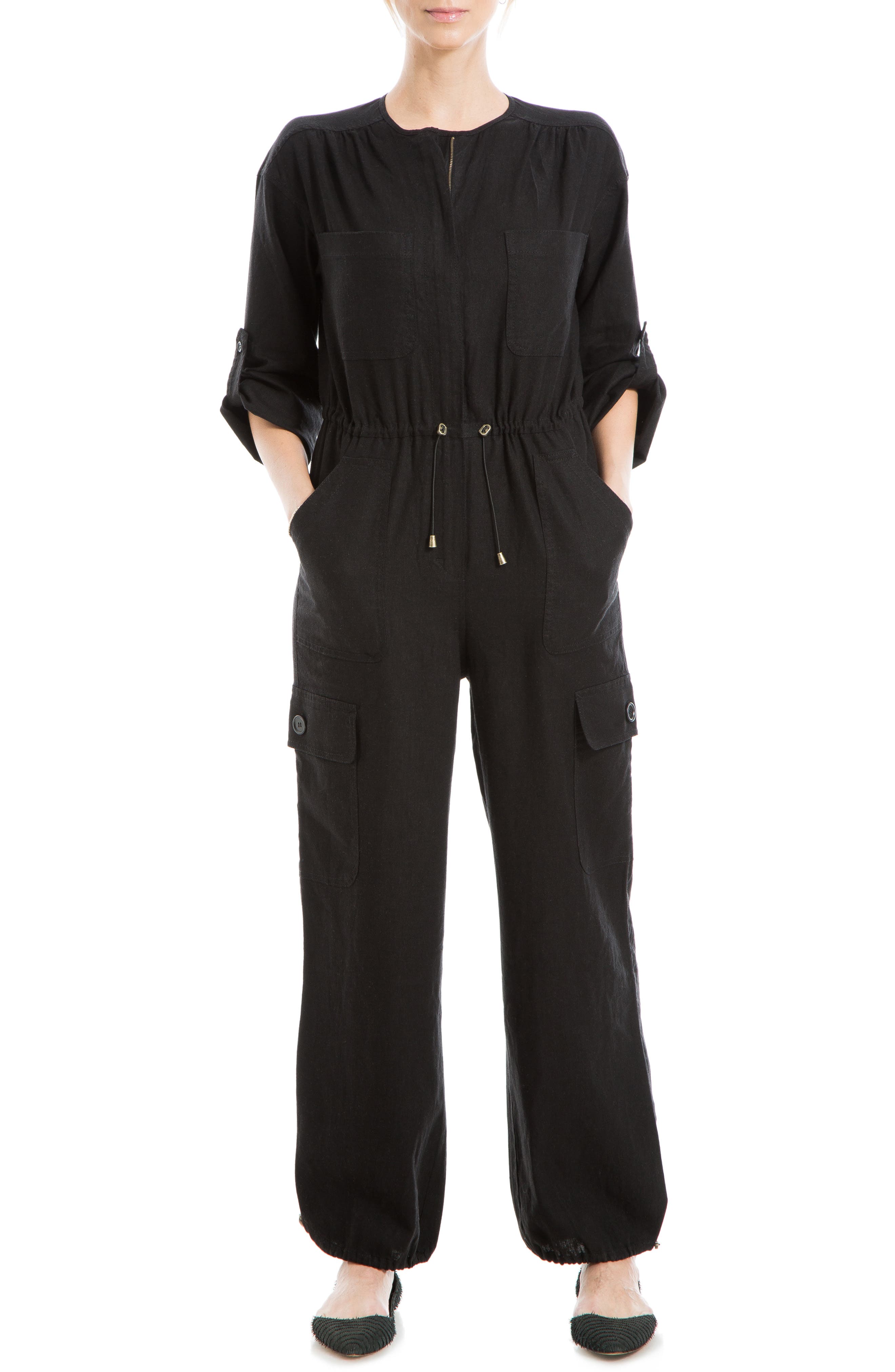 MAX STUDIO Drawcord Waist Long Sleeve Cargo Jumpsuit