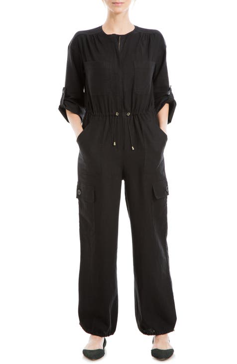 Drawcord Waist Long Sleeve Cargo Jumpsuit