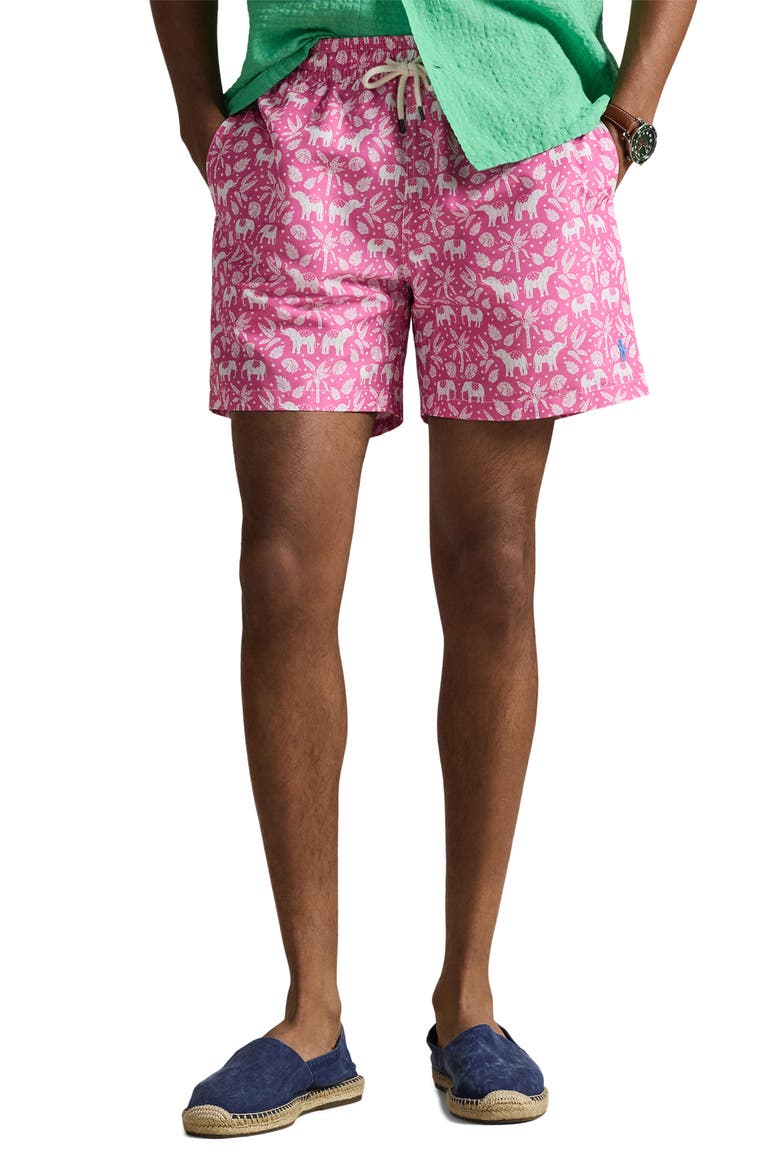 Traveler Classic Print Swim Trunks, Main, color, PINK ELEPHANT PALMS