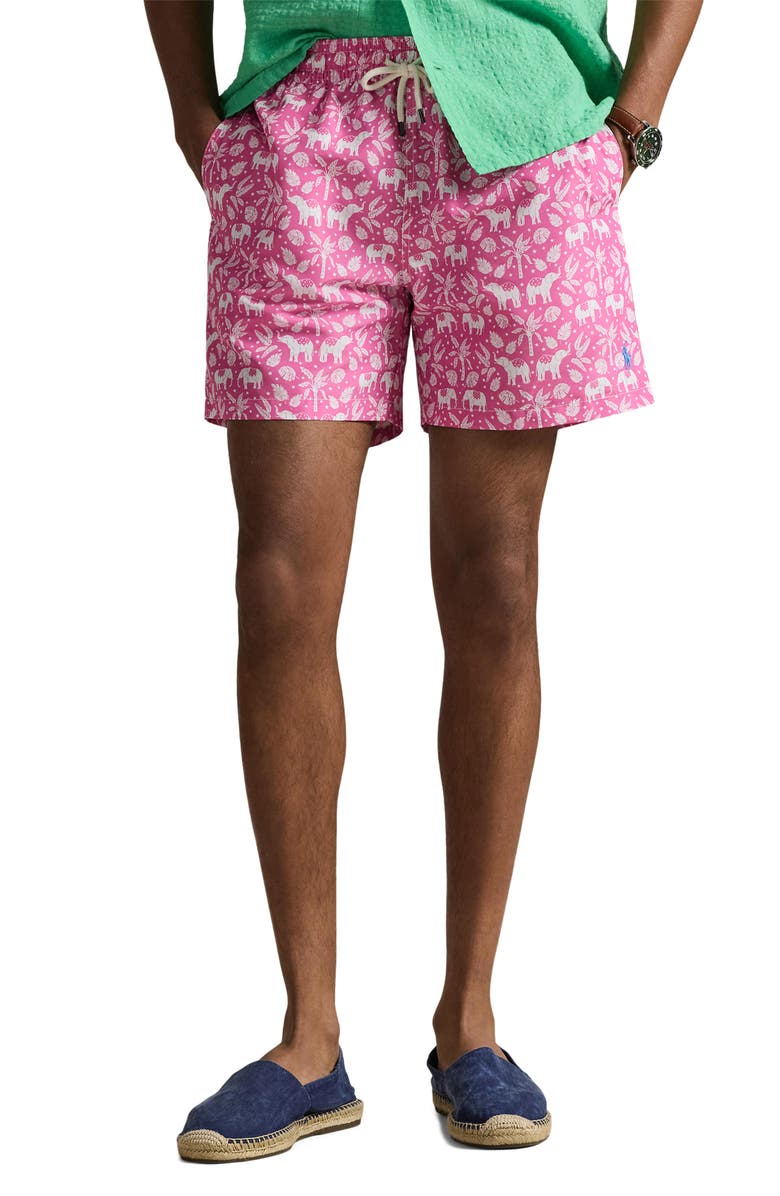 Polo Ralph Lauren Traveler Classic Print Swim Trunks, Main, color, Pink Elephant Palms