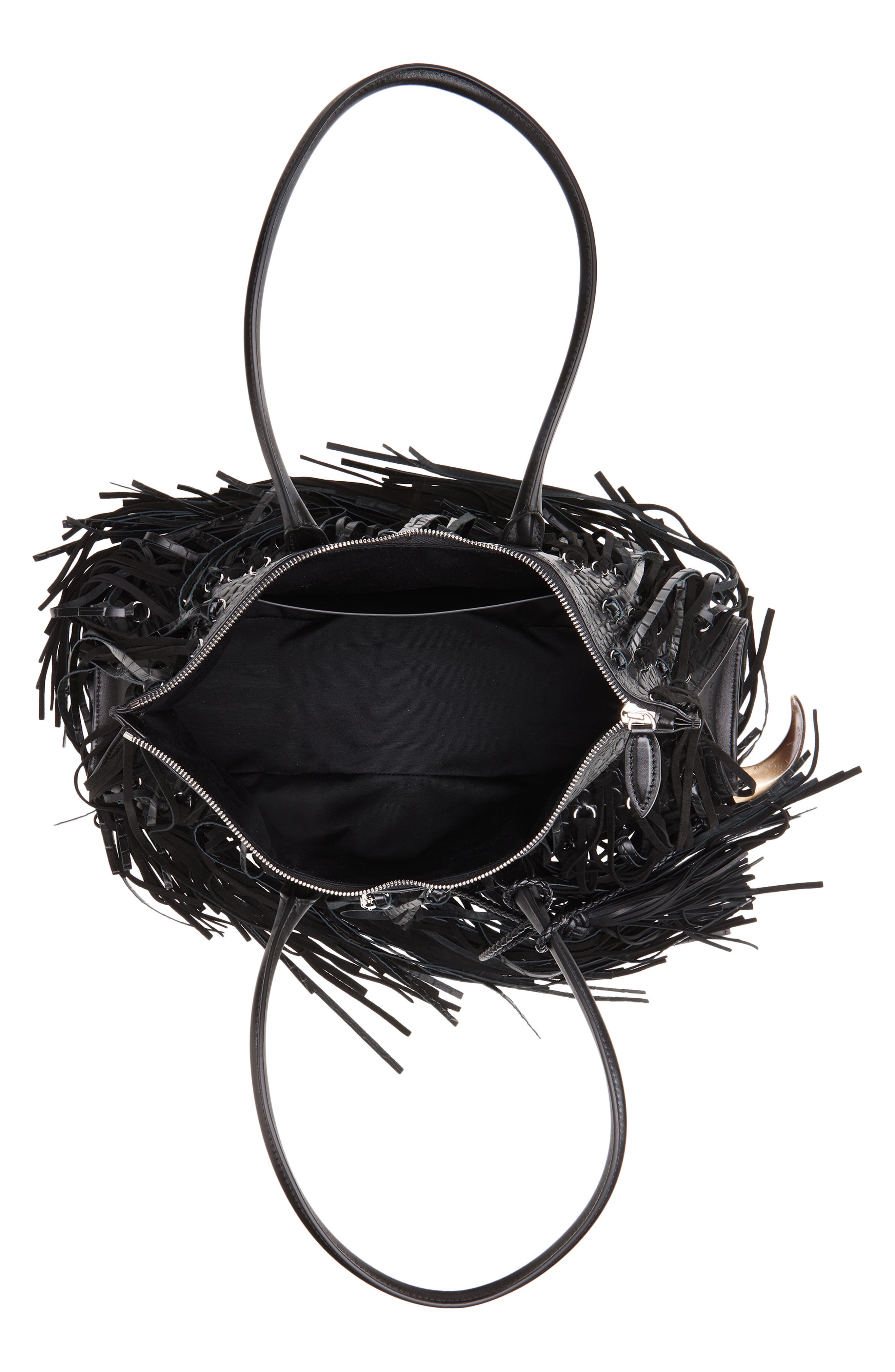 McQueen Manta Fringe Embellished Croc Embossed Leather Shoulder Bag, Alternate, color, Black/ Silver