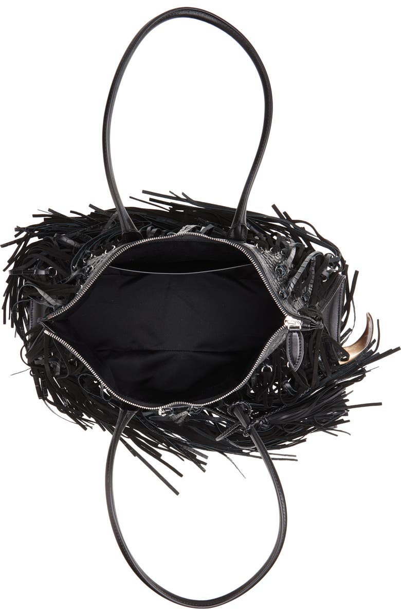 McQueen Manta Fringe Embellished Croc Embossed Leather Shoulder Bag, Alternate, color, Black/ Silver