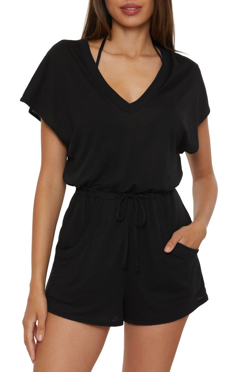 Becca Beach Date Burnout Jersey Cover-Up Romper, Main, color, Black