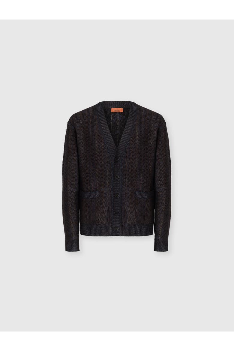 Wool And Viscose-blend Cardigan With Greek Key Motif, Main, color, Navy Blue