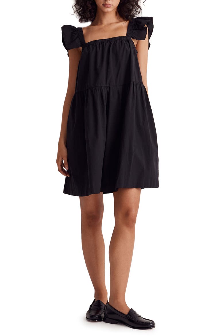 Flutter Sleeve Square Neck Cotton Dress, Main, color, TRUE BLACK