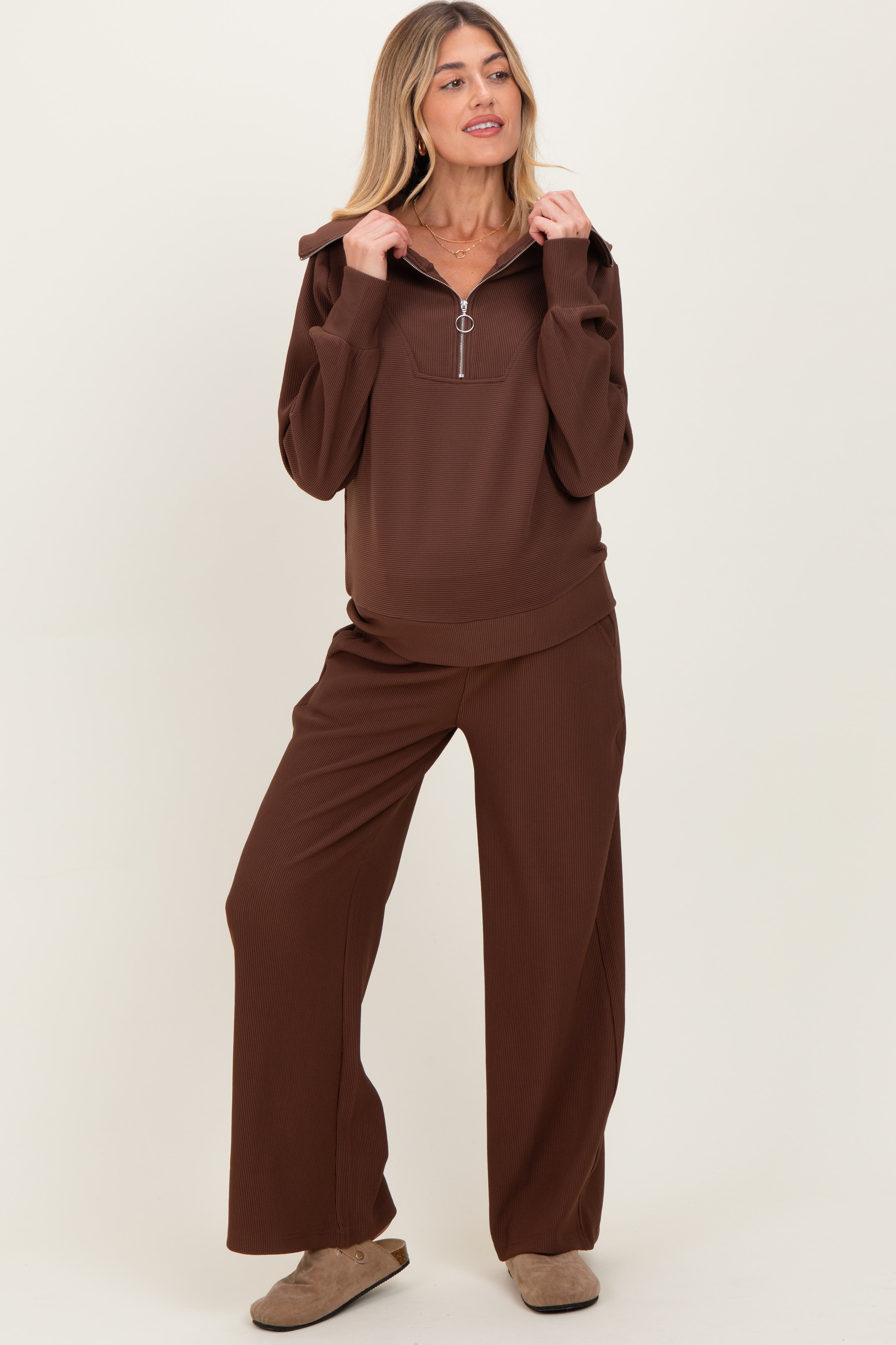 RIbbed Half Zip Pullover Wide Leg Pant Set - image 2