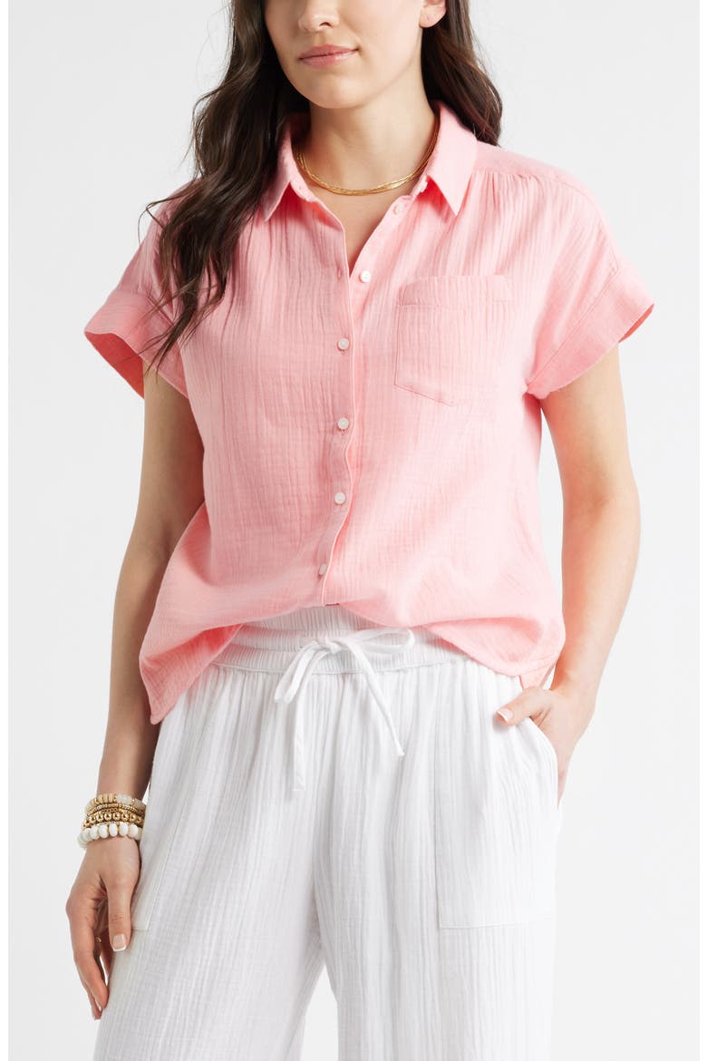 Cotton Gauze Button-Up Shirt, Main, color, PINK DIANTHUS