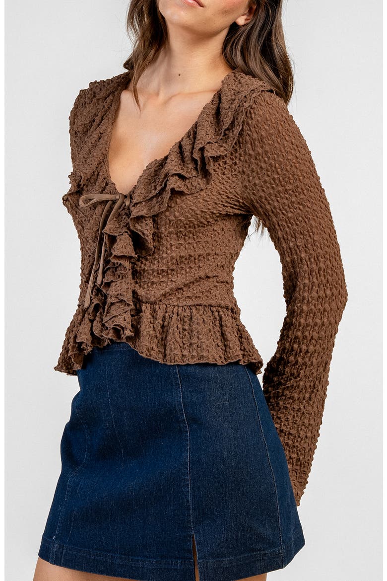 Stretch Lace Ruffle Top, Alternate, color, BROWN