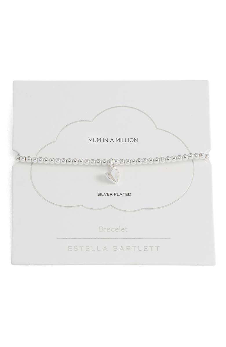 Estella Bartlett Sienna Folded Heart Beaded Stretch Bracelet, Main, color, Silver