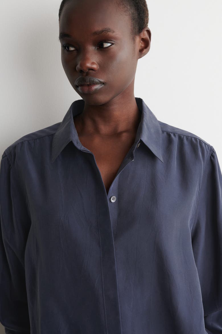 Gathered Crinkled-silk Shirt, Alternate, color, NAVY