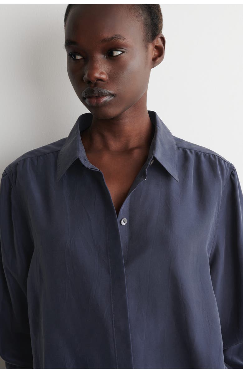 COS Gathered Crinkled-silk Shirt, Alternate, color, Navy