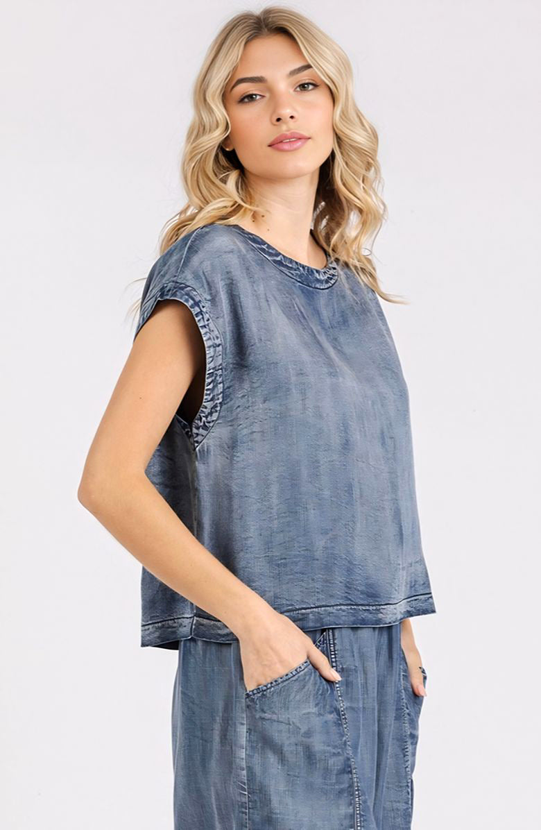 Knit and Lounge Washed Cap Sleeve Top with Back Button Detail, Alternate, color, Washed Blue
