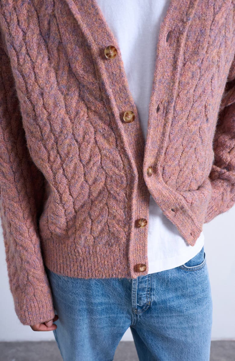 Topman Marled V-Neck Cable Cardigan, Alternate, color, Pink