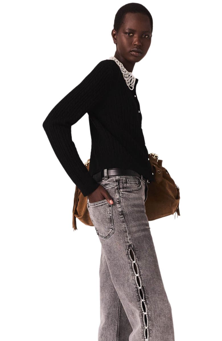 maje Cardigan with removable beaded collar, Alternate, color, Black