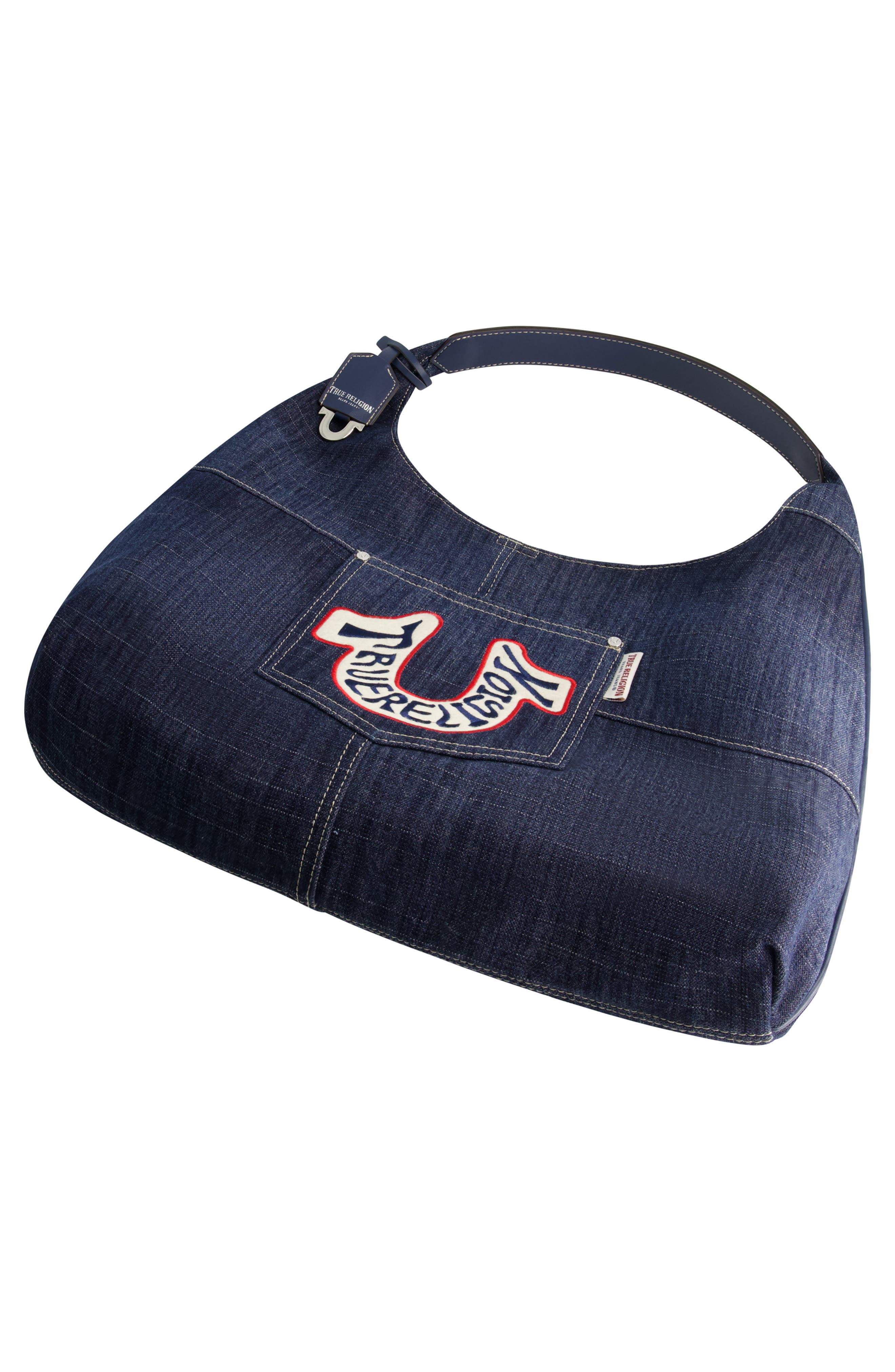 USPA ACCESSORIES Retro Logo Denim Hobo Bag, Alternate, color, 