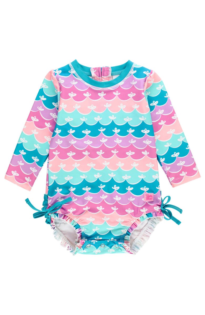 RuffleButts Baby Girls Long Sleeve UPF50+ One Piece Rash Guard, Main, color, Mermaid