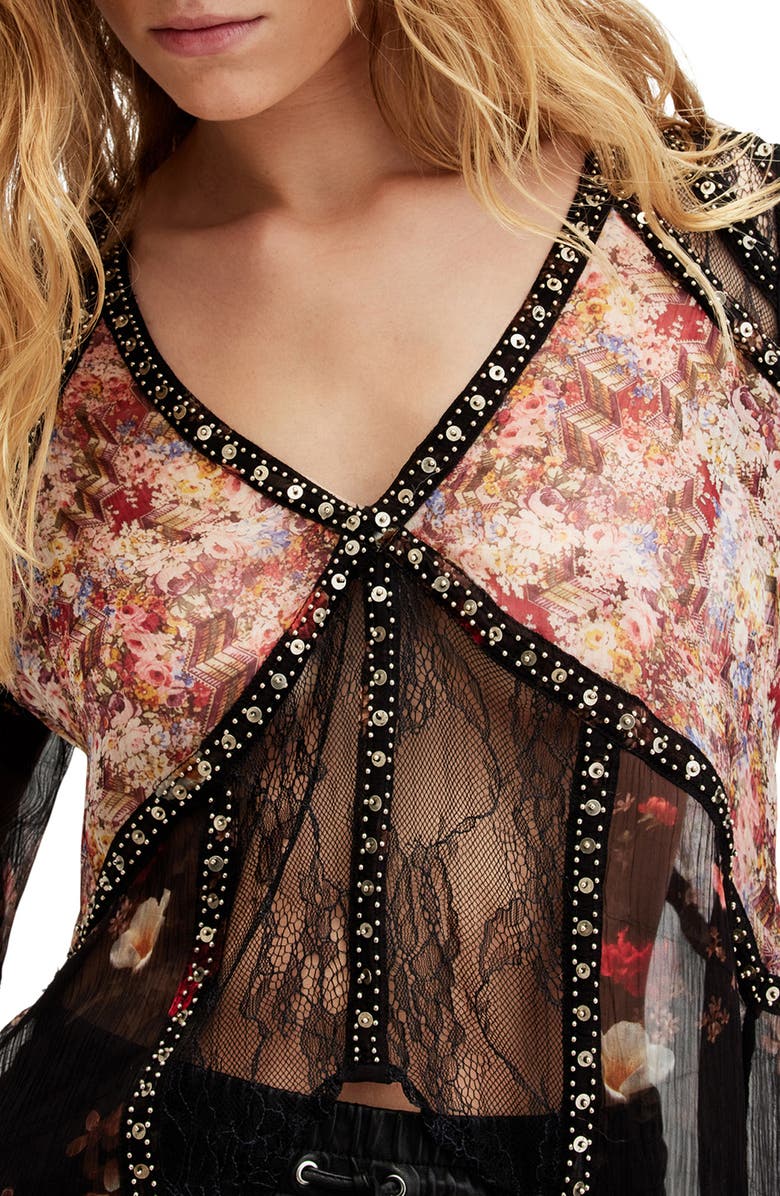 AllSaints Florence Kora Mixed Media Long Sleeve Top, Alternate, color,