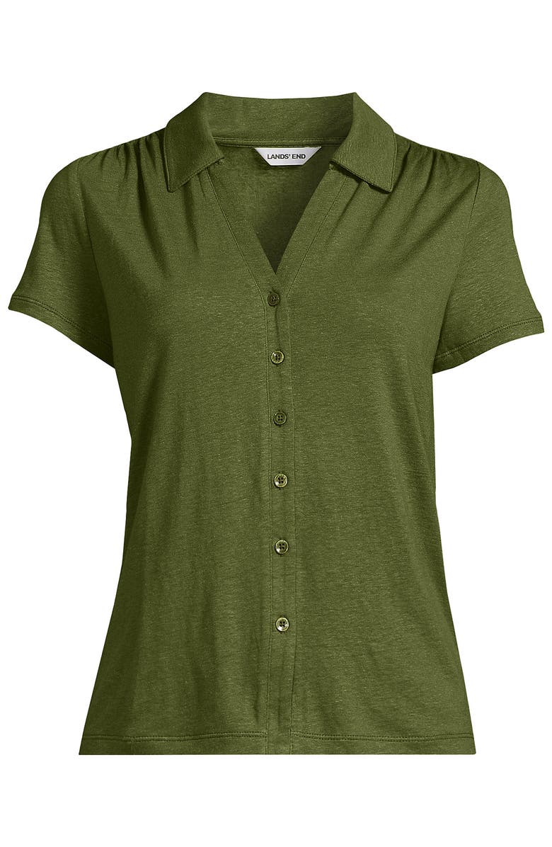 Lands' End Linen Blend Short Sleeve Button Front Polo Top, Alternate, color, Artichoke