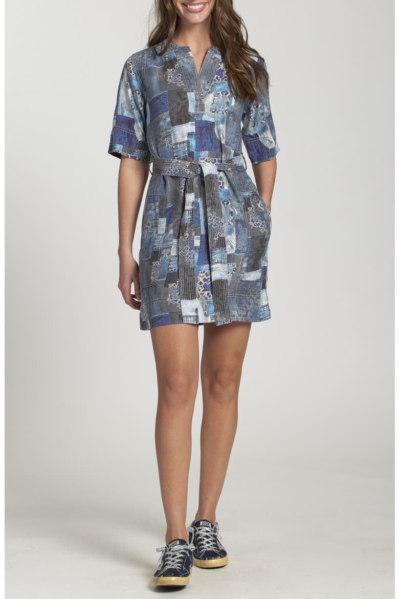 Patchwork Print Belted Dress, Main, color, INDIGO MULTI
