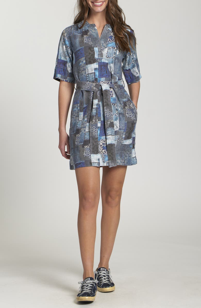 APNY Patchwork Print Belted Dress, Main, color, Indigo Multi