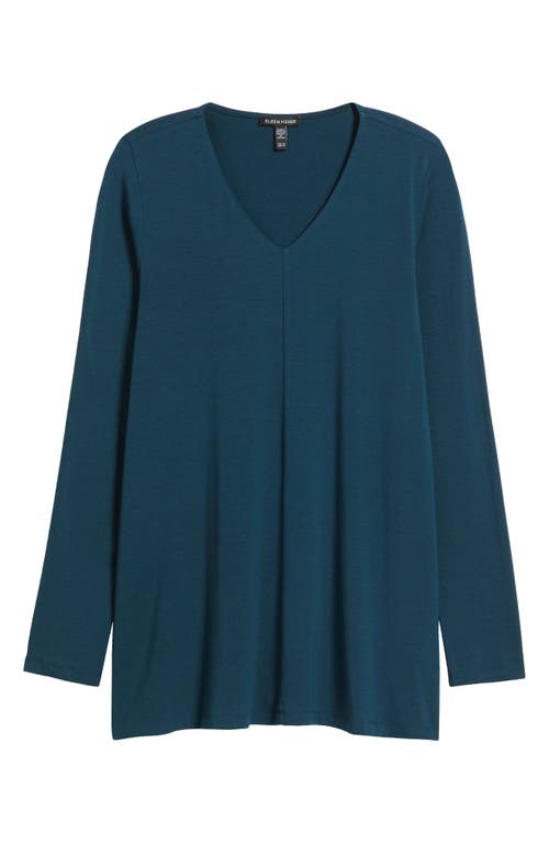 Eileen Fisher Fine Stretch Jersey Knit V-neck Long Top In Brown