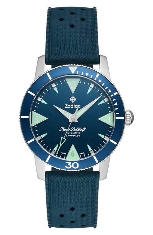 Zodiac Skin Diver Automatic Rubber Strap Watch, 39mm in Blue at Nordstrom