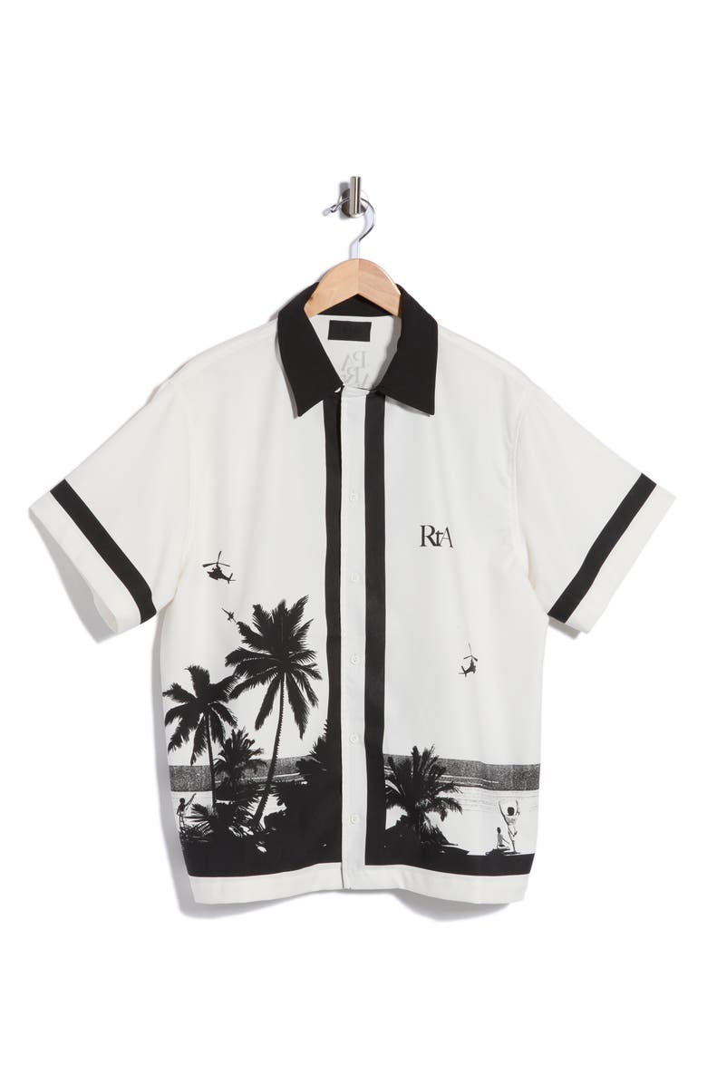 RtA Nathan Button-Up Shirt, Alternate, color, White Palm Trees