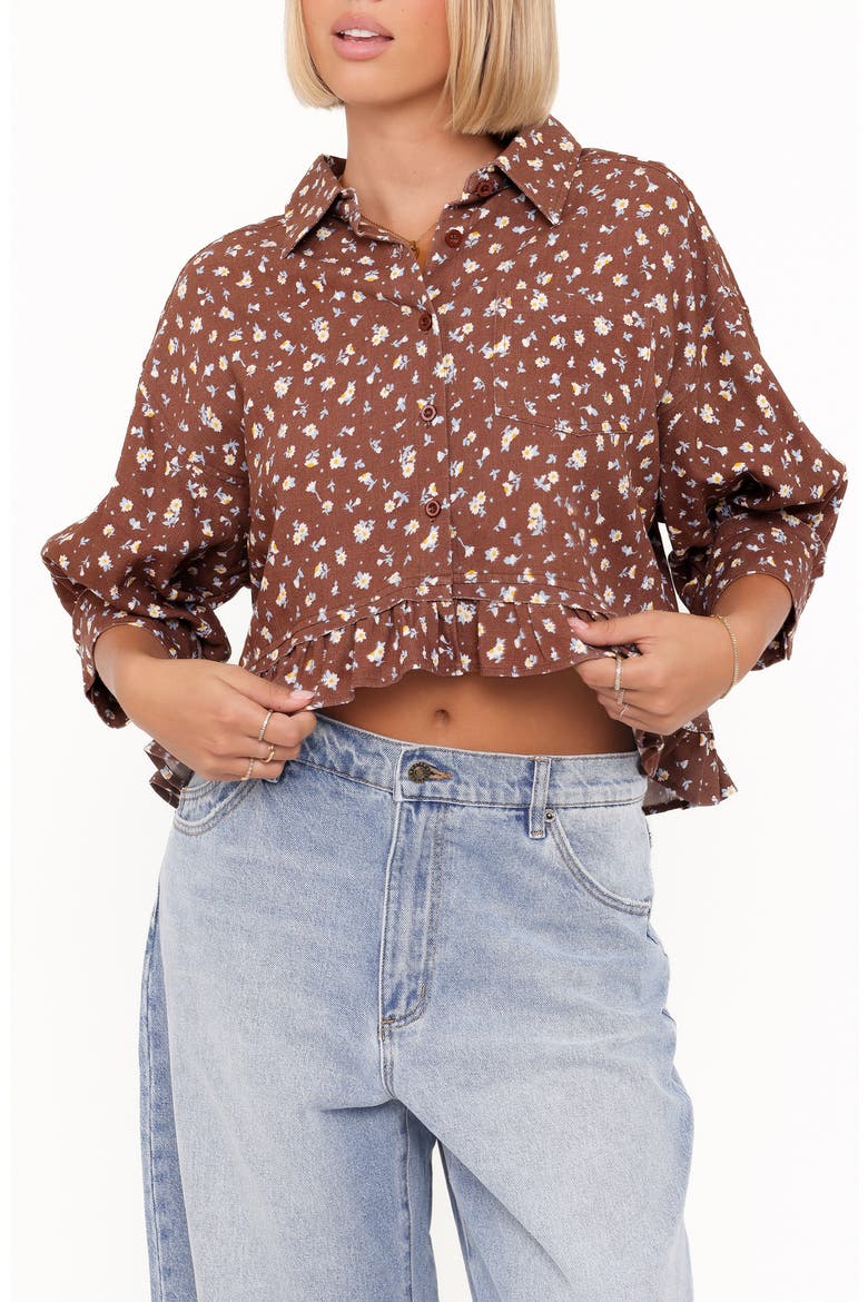 Ashe Floral Crop Button-Up Shirt, Main, color, BROWN FLORAL