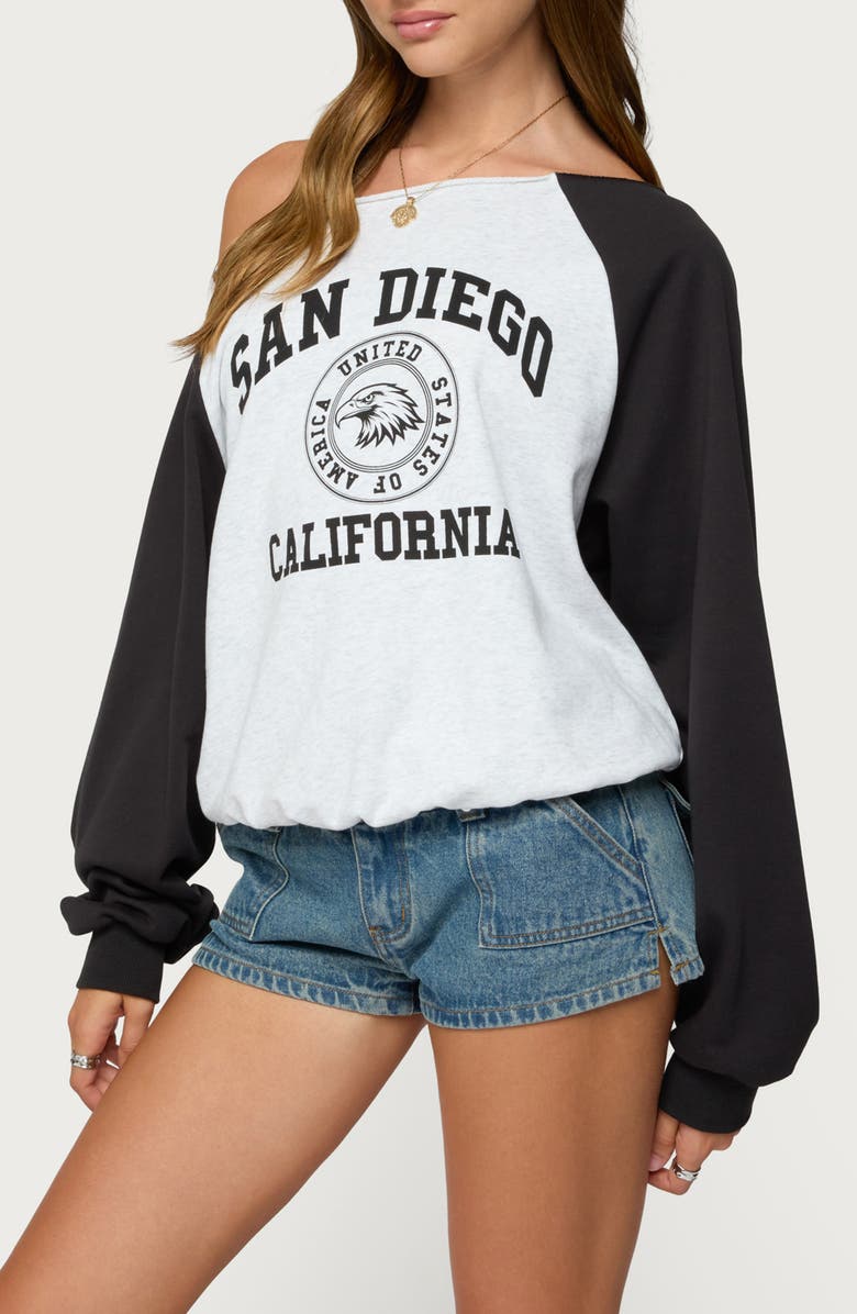EDIKTED San Diego Off the Shoulder Raglan Long Sleeve Graphic Top, Alternate, color, Gray-Melange-And-Black