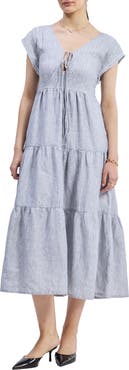 Reistor Womens Gathered Tiered Dress with Front-ties - Linen stripes Medium