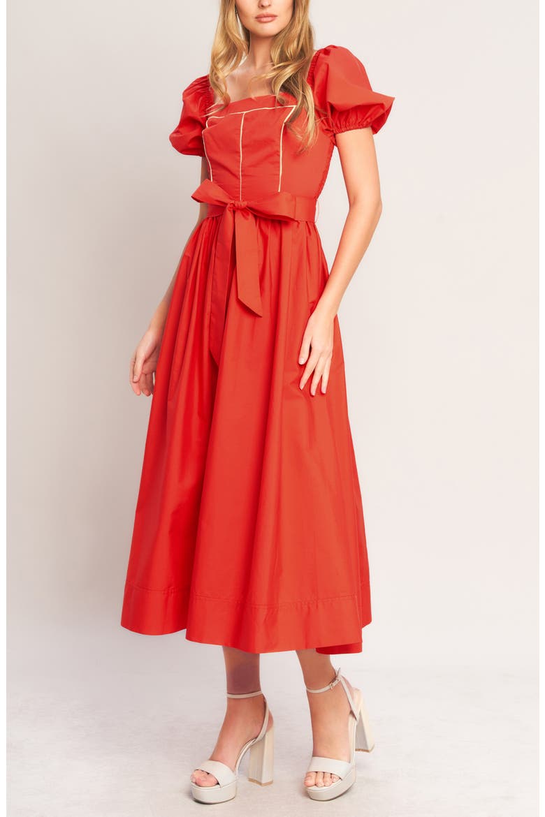 Puff Sleeve Midi Dress, Alternate, color, CORAL RED