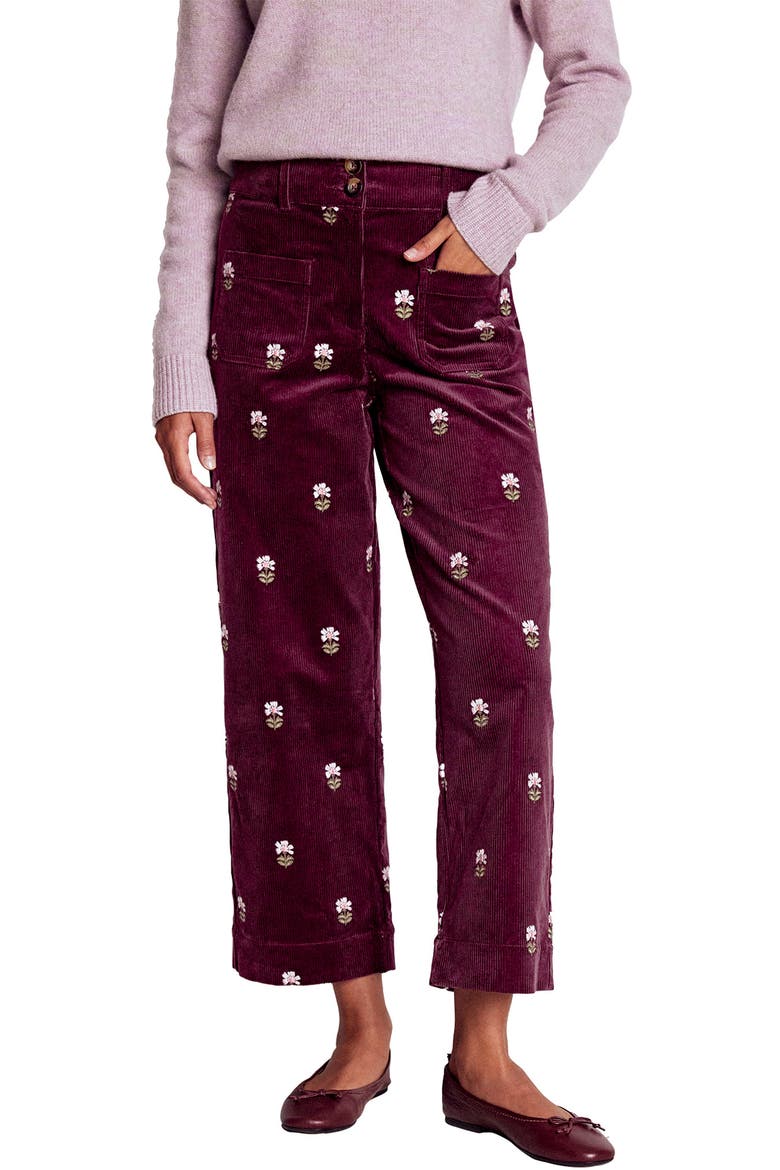 Embroidered Corduroy Ankle Pants, Main, color, DARK CHERRY EMBROIDERY