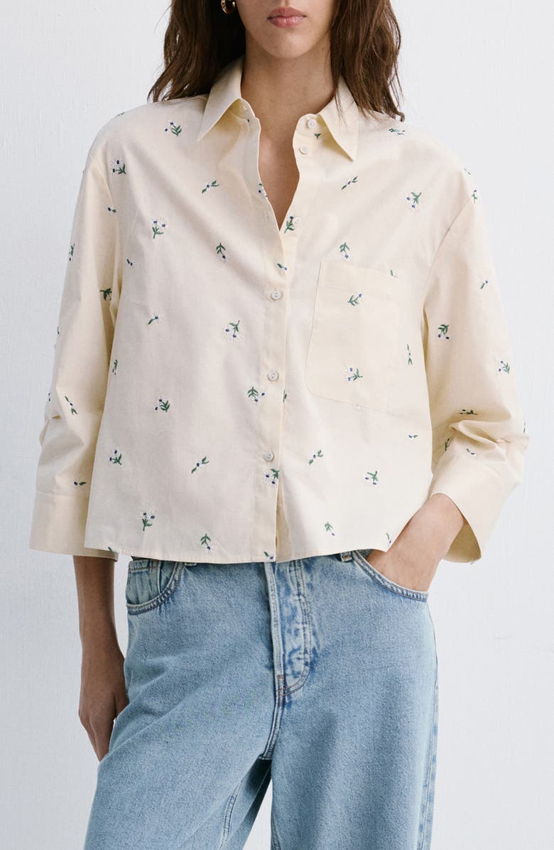 MANGO Ditsy Floral Embroidered Button-Up Cotton Shirt, Main, color,
