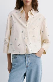 MANGO Ditsy Floral Embroidered Button-Up Cotton Shirt