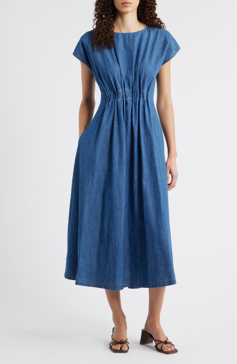 FREEMARKET Pleat Detail Denim Midi Dress, Main, color, Indigo