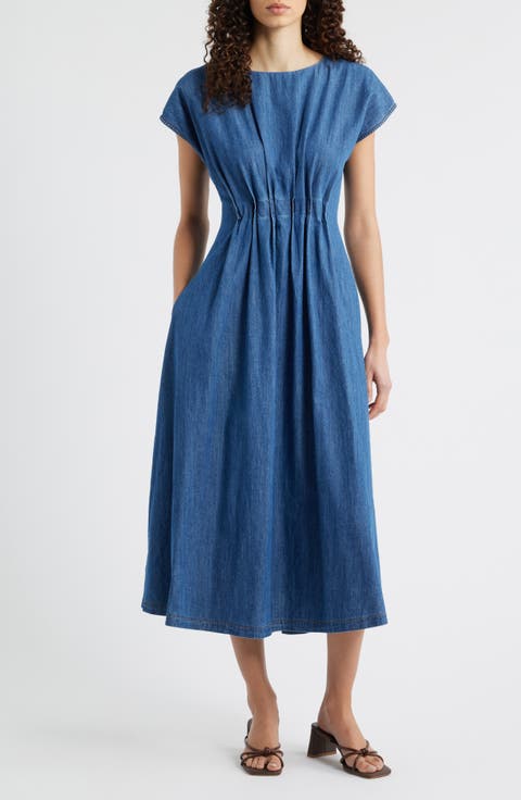 Pleat Detail Denim Midi Dress