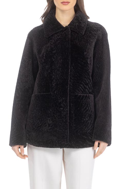 Reversible Textured Genuine Shearling Jacket, Patch Pockets