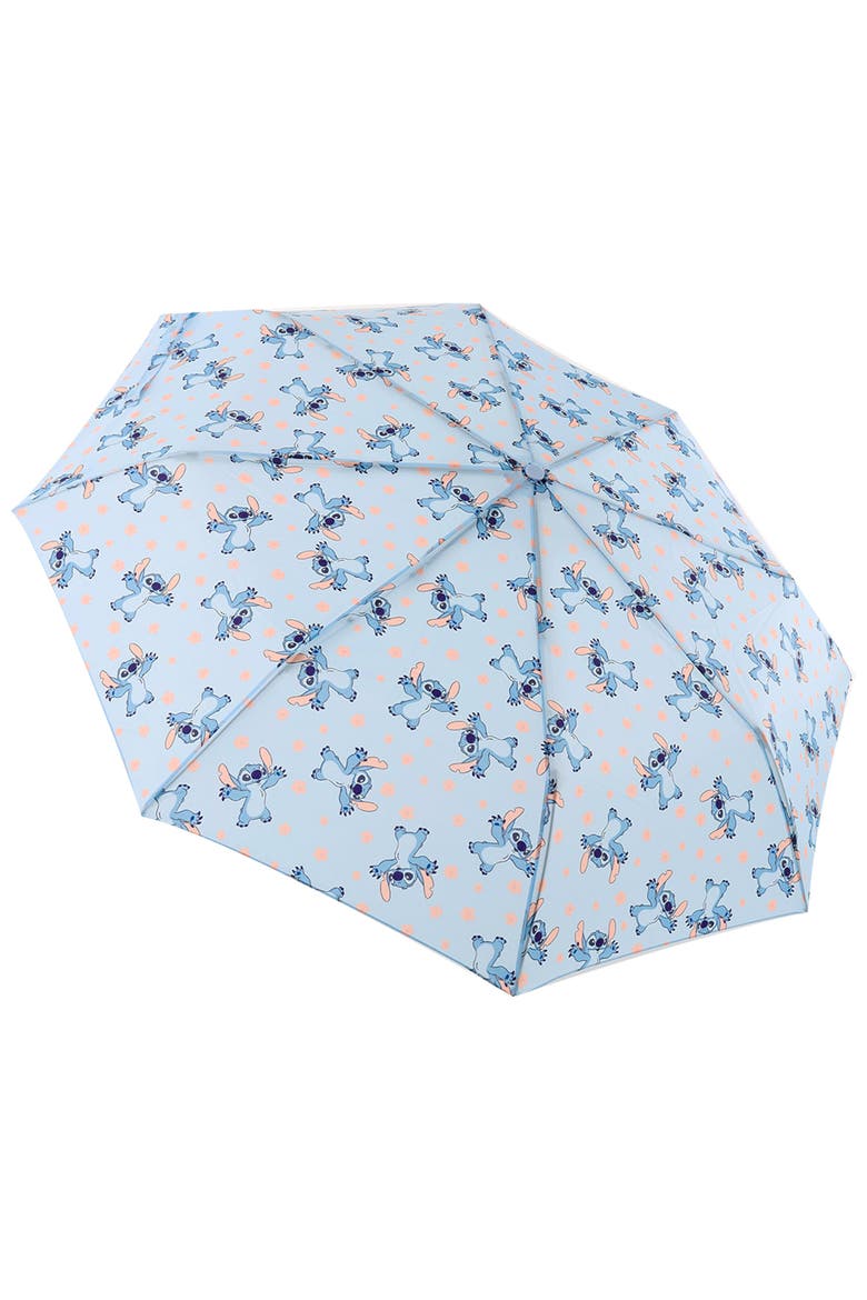 Stitch Hands Up Floral Print Compact Umbrella Officially Licensed, Alternate, color, BLUE