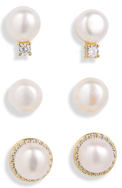 3-Pack Assorted Faux Pearl & CZ Stud Earrings