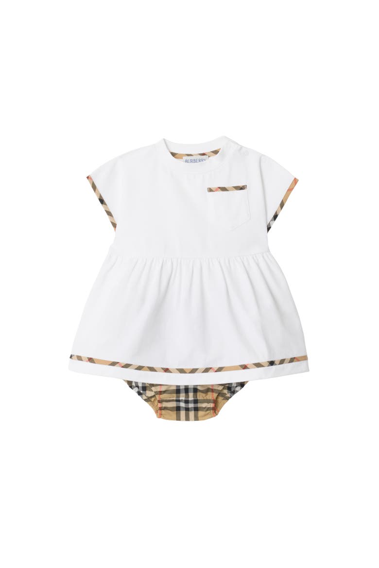 Check Trim Cotton Dress with Bloomers, Alternate, color, White