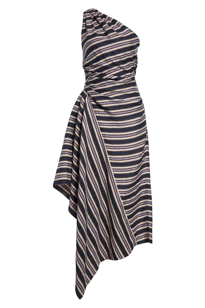 Lyn Stripe One-Shoulder Linen Blend Sundress, Alternate, color, NAVY STRIPE