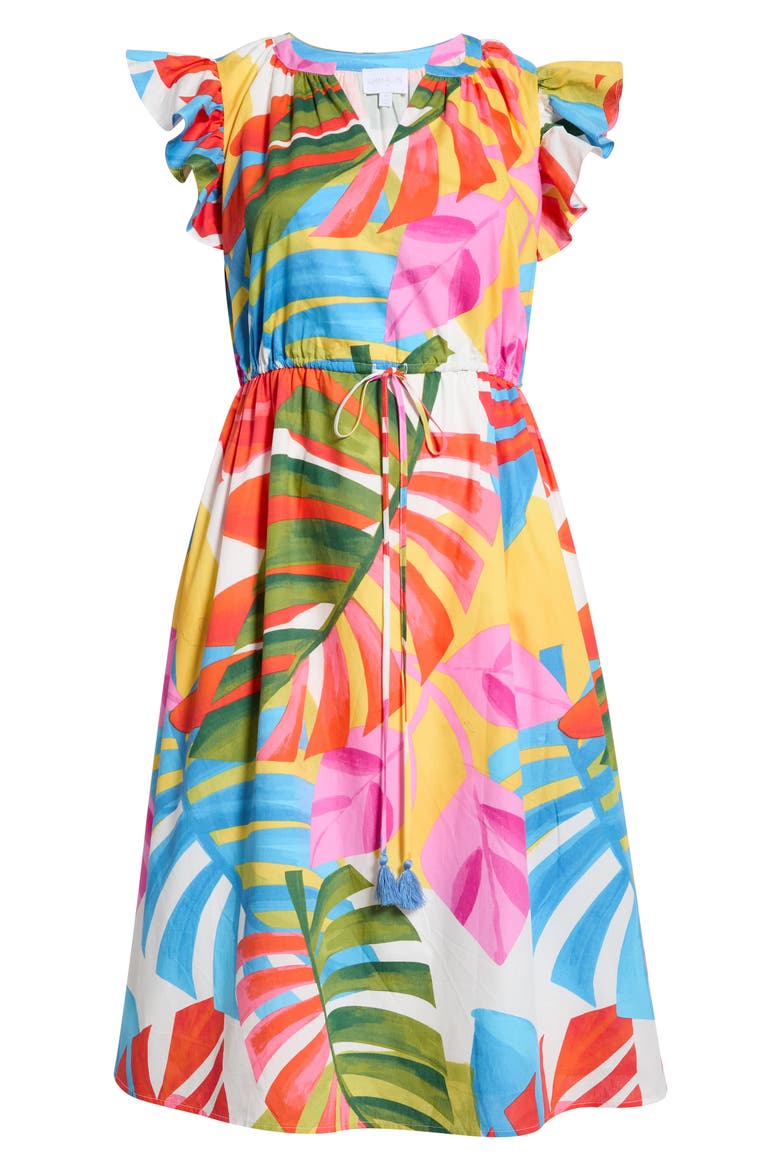 Breezy Palms Tiarna Flutter Sleeve Tie Waist Midi Dress, Alternate, color, WHITE RED GREEN