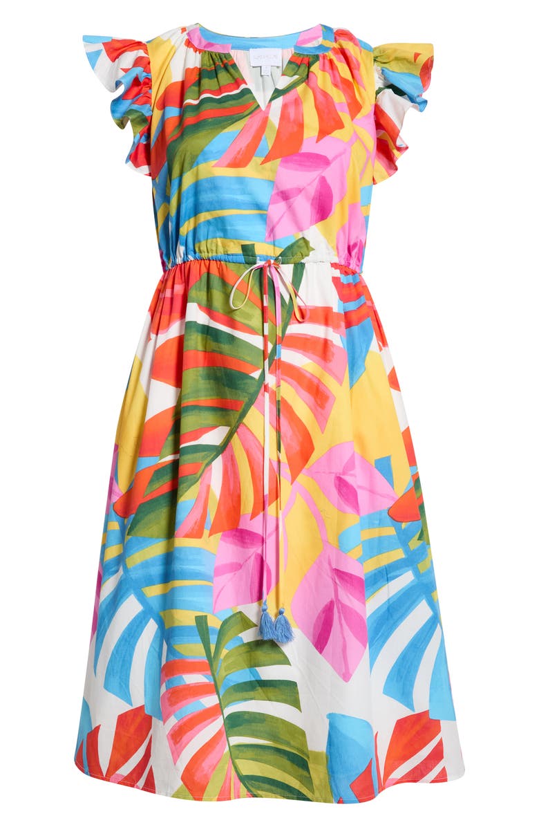 SUGARLIPS Breezy Palms Tiarna Flutter Sleeve Tie Waist Midi Dress, Alternate, color, White Red Green